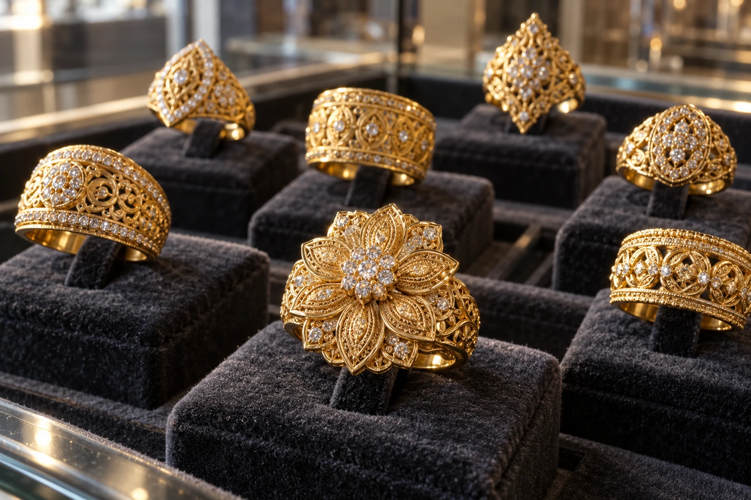 Bildidee: aufwendig gearbeiteter Goldschmuck auf einem samtbezogenen Präsentationstablett