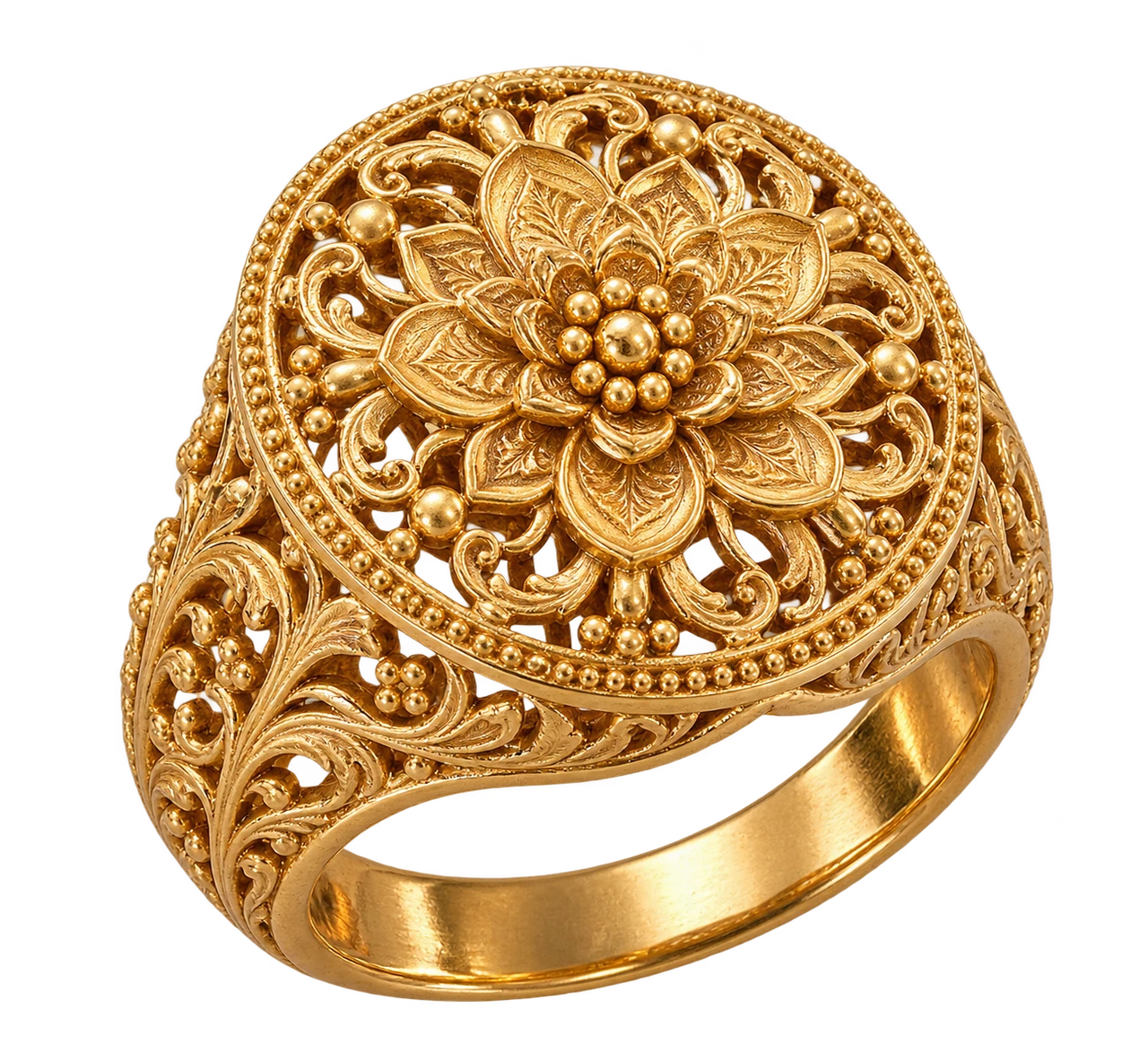 Bildidee: orientalisch inspirierter Goldring mit filigraner Blütenrosette